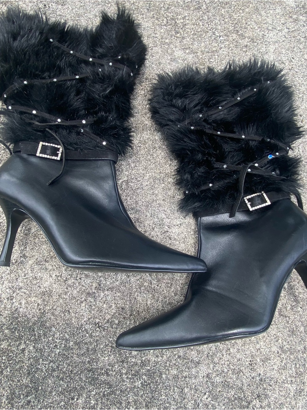 Y2K Black Leather & Fur Rhinestone Stiletto Boots Size 10 - Picture 2 of 8